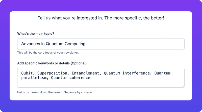Step 1: Choose main topic and enter keywords