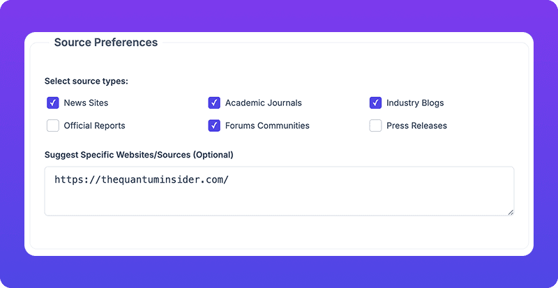 Step 2: Select source types and specific websites