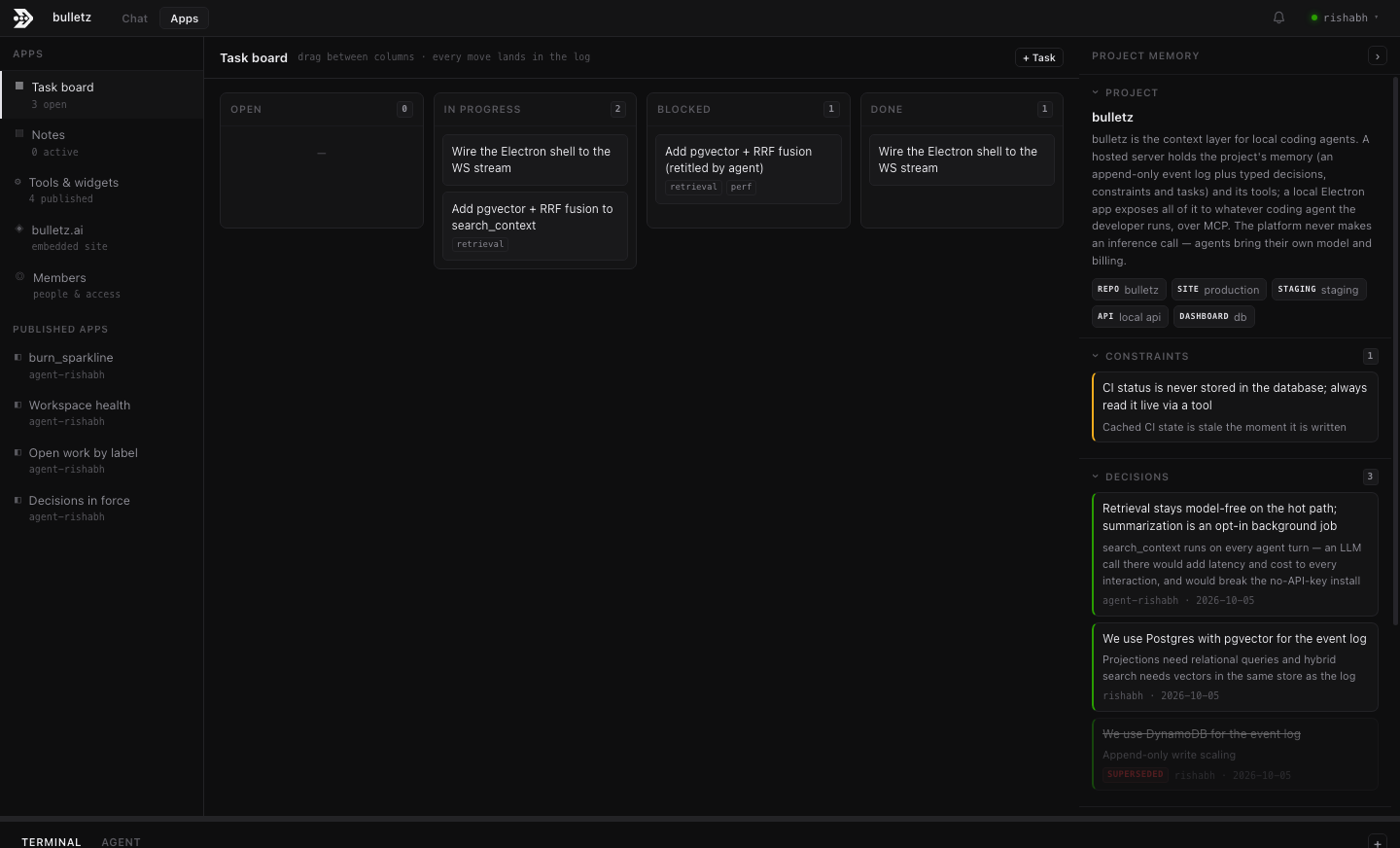 The Apps view: a task board with open, in progress, blocked and done columns, a sidebar of notes, tools and widgets, members, and published agent-authored apps.