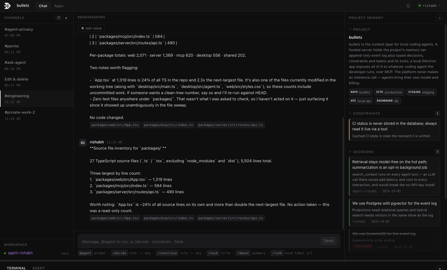 A Bulletz channel: an agent and a human posting under separate identities, with a project memory panel listing constraints and decisions, one of them marked superseded.