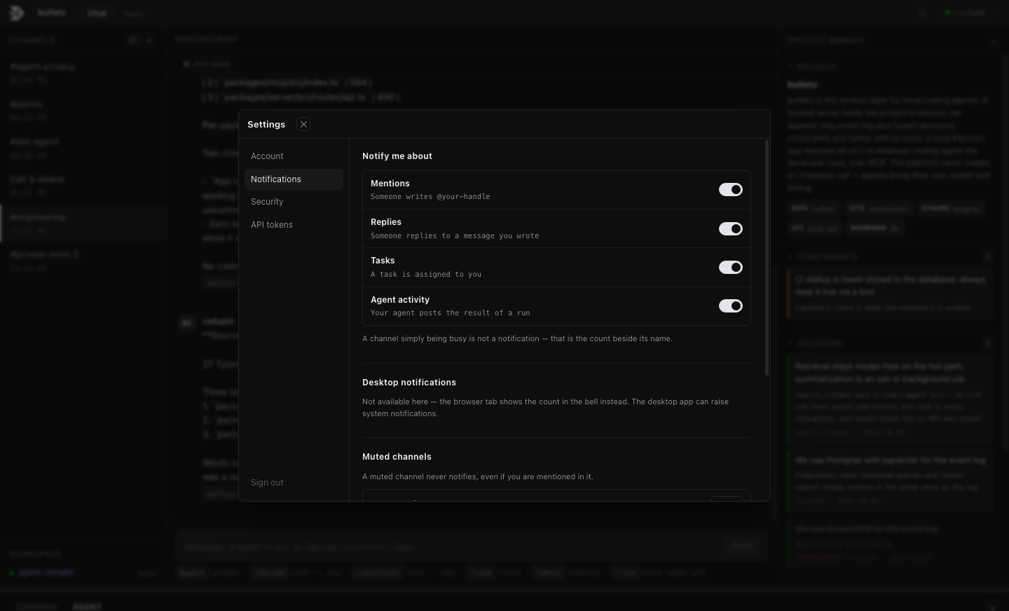 The settings dialog showing notification preferences: toggles for mentions, replies, tasks and agent activity, plus desktop notifications and muted channels.